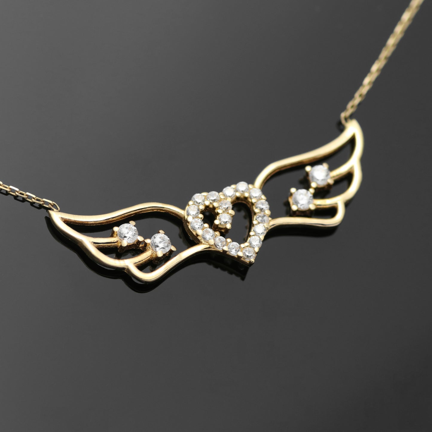 14k yellow gold necklace &amp; pendant heart angel 